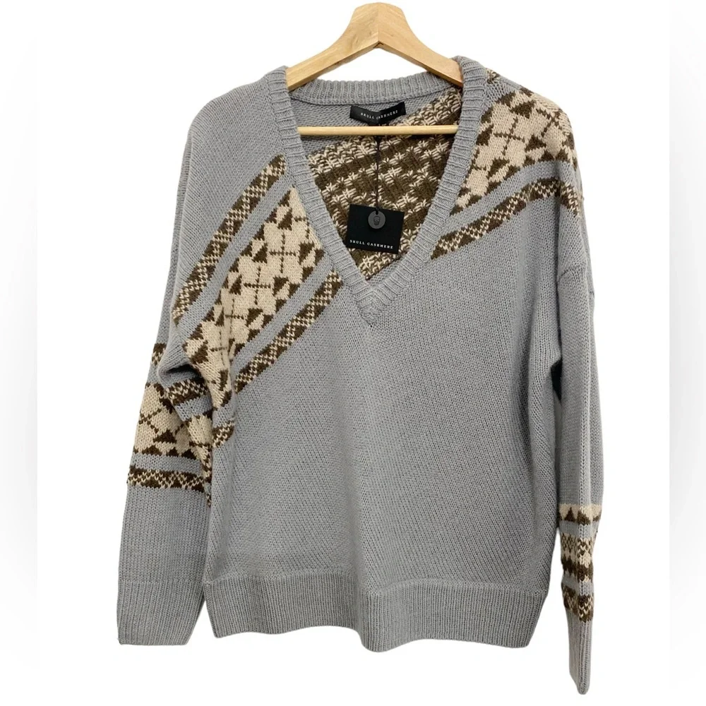 Skull Cashmere Lilian V-Neck Alpaca Wool Fair Isle Print Sweater Sz M - Picture 8 of 16
